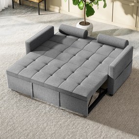 Sofá-Cama 2 Lugares 3 em 1 Deslizante em Tecido Linho com Encosto Ajustável Bolsos 2 Almofadas para Sala de Estar Cinza