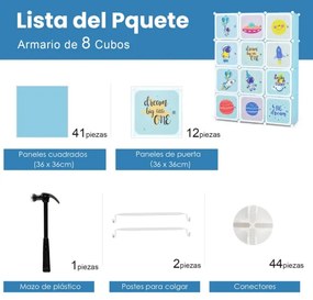 Estante modular portátil para guarda-roupa infantil com 12 cubos com 2 seções suspensas para brinquedos, sapatos, roupas, 107 x 36 x 142 cm, azul