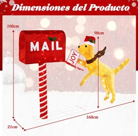 Caixa de correio natal e cão com 120 luzes LED Decoração natal iluminada com abraçadeiras e estacas para jardim 168 x 21 x 108 cm Vermelho