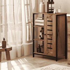 Móvel Auxiliar Casa de Banho com Porta de Ripas 3 Compartimentos Abertos Prateleira Ajustável 60x30x85 cm Castanho Rústico