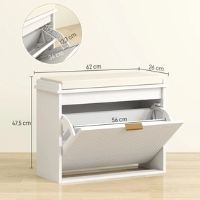 Banco spateira 62 x 26 x 47,5 cm com almofada de assento estofada e gaveta rebatível para o corredor ou quarto, branco