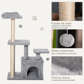 Arranhador para Gatos Altura 114 cm com Postes de Sisal 3 Plataformas Caverna e 2 Bolas Suspensas Cinza Claro