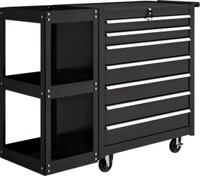 Carrinho de Ferramentas com 7 Gavetas Estante de 3 Níveis Removível Sistema de Fecho Central Asa 2 Rodas com Travão Preto