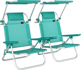 Outsunny Conjunto de 2 Cadeiras de Praia Dobráveis com Toldo Ajustável Encosto Reclinável em 6 Posições Apoio de Cabeça Turquesa | Aosom Portugal
