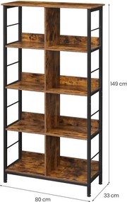 Estante de livros de 4 andares com 8 compartimentos 33 x 80 x 149 cm castanho vintage-preto