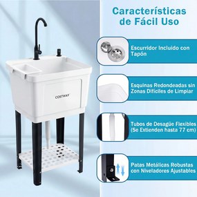 Lava-loiça de Lavandaria plastico, 50,5 x 48 x 120,5 cm, Torneira Giratória de 360°, Branco