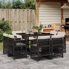 vidaXL 9 pcs conjunto de jantar p/ jardim c/ almofadões vime PE preto