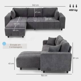 Sofá Chaise Longue Reversível 3 Lugares com 2 Almofadas Estofado em Linho e Estrutura em Aço 242x156x87 cm Cinzento Escuro
