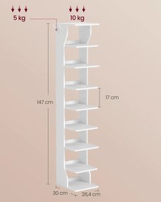 Sapateira estreita com 8 prateleiras 30 x 26,4 x 147 cm branco 