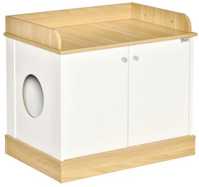 Casa para Gatos de Madeira Móvel Caixa de Areia para Gatos 2 em 1 com Bancada de Armazenamento Dupla Porta e Orifício de Entrada Lateral 75x53x67cm Br