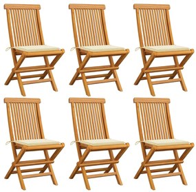Cadeiras de jardim c/ almofadões creme 6 pcs teca maciça