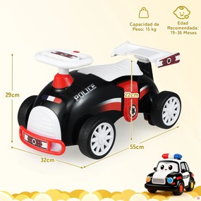 Andarilho infantil Policia com música, arrumação debaixo do assento e rodas universais para crianças dos 19 aos 36 meses Preto+Azul