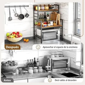 Prateleira de 3 níveis para micro-ondas de cozinha com 2 Estantes Barra de metal para poupança de espaço Castanho