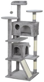 PawHut Arranhador para Gatos com Postes de Sisal Plataformas Cavernas Bolas Pendentes e Redes 49x49x138 cm Cinza Claro | Aosom Portugal