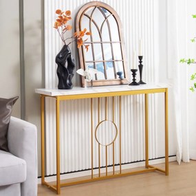 Mesa Consola de Entrada Moderna Mesa Auxiliar Grande com tampo imitação mármore 120 x 30 x 80,5 cm Dourada e branca