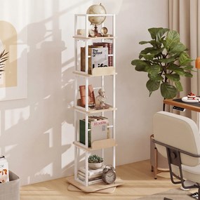 Estante Giratória para Livros de 5 Níveis, 40 x 40 x 148,5 cm, Rotação de 360°, Carvalho Branco