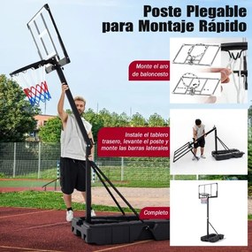 Cesto de basquetebol de exterior com altura ajustável (290-365 cm), rodas móveis, poste dobrável e base recheável para jovens e adultos Preto