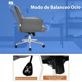 Cadeira giratória moderna de escritório reclinável de couro PU com meia parte traseira e braços acolchoados para lazer 66 x 66 x 93-103 cm cinza