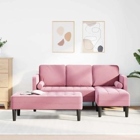 Sofá de Jardim vidaXL com Banco e Almofadas em Veludo Rosa em L
