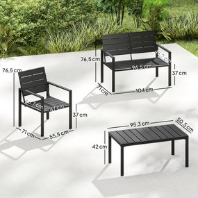 Conjunto de Móveis de Jardim para 4 Pessoas Sofá de 2 Lugares 2 Cadeiras e Mesa de Centro Preto