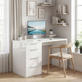 Secretária de computador de alto brilho com 4 gavetas, 110 x 60 cm, secretária com espaço de arrumação, estilo moderno, branca