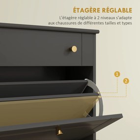 Sapateira estreita para sapatos para a entrada  60 x 23,5 x 98,5 cm, com gavetas com portas basculantes e prateleira ajustável, preta