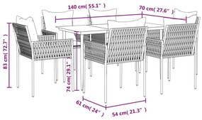 7 pcs conjunto de jantar p/ jardim c/ almofadões vime PE e aço