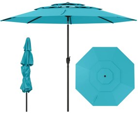 Guarda-sol ventilado de 3 níveis com botão de inclinação, manivela, 8 varas resistentes, 300 x 300 x 245 cm, turquesa
