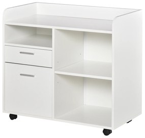 Vinsetto Armário para Impressora com 3 Compartimentos 2 Gavetas para Arquivos Prateleira Ajustável 2 Rodas com Freios 80x40x72 cm Branco