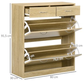HOMCOM Sapateira Móvel para Sapatos Estreito com 2 Compartimentos e 2 Gavetas para 12 Pares de Sapatos para Sala de Estar Entrada Corredor 80x30x91,5 cm Carvalho