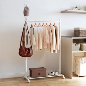 Guarda Roupa com Rodas 5 Ganchos Barra para Pendurar e Prateleira Inferior 86x43x171 cm Branco