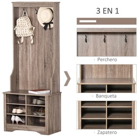 HOMCOM Móvel Cabide de Entrada com 3 Ganchos e 6 Compartimentos para Sapatos Armário de Entrada com Cabides 68,5x39,5x173cm Madeira