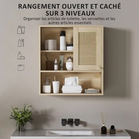 Armário de parede de casa de banho 60L x 19,8l x 65A cm, com porta de correr em rattan e prateleiras abertas, madeira natural