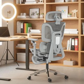 Cadeira de escritório ergonómica com braços, encosto 6D, apoio para a cabeça e profundidade do assento ajustáveis, em malha cinzenta