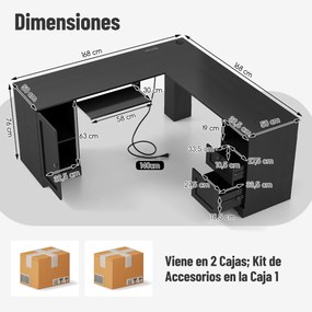 Secretária em forma de L com 2 gavetas inclui 2 tomadas, uma porta USB e uma porta Tipo C Estante ajustável e tabuleiro para teclado Secretária de can