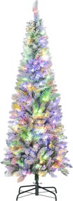 Árvore de Natal Estreita 180 cm Nevada com Luzes LED Bicolores 11 Modos de Iluminação 479 Ramos Suporte Metálico Verde