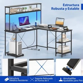 Secretária 145 x 145 x 147 cm em forma de L convertível com tomadas e portas USB e iluminação inteligente preta