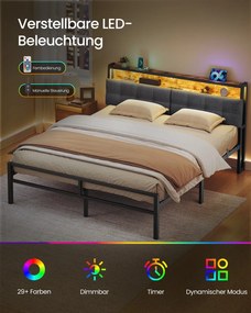 Cama de metal 160 x 200 cm (COLCHÃO NÃO INCLUIDO), estrutura com cabeceira, cama com espaço de arrumação e iluminação LED Preto mate, castanho vintage