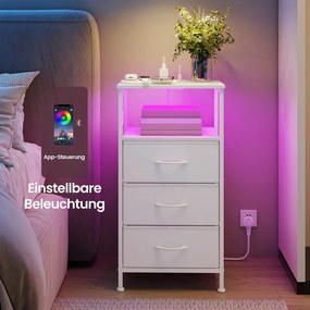 Mesa de cabeceira 30 x 39,6 x 75,9 cm com iluminação LED e base de carregamento, com 3 gavetas e compartimento aberto, branca