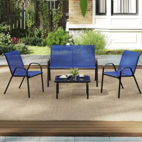 Conjunto de jardim exterior de 4 peças Mesa de café em vidro temperado Banco e 2 cadeiras individuais Tecido Textilene Mesa e cadeiras azuis