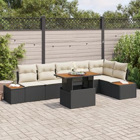 vidaXL Conjunto de Jantar de Jardim de 7 Peças com Almofadas Preto Rattan de Polietileno e Acácia