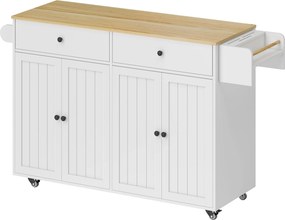 HOMCOM Ilha de Cozinha Rolável, 2 Gavetas, 2 Armários, Deslocável, Prateleira para Temperos, Suporte para Toalhas, Suporte para Facas, MDF, Branco | Aosom Portugal
