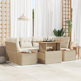 vidaXL Conjunto de Jantar para Jardim com 7 Peças e Almofadas Bege em Rattan Sintético e Acácia