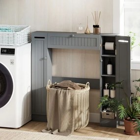Estante sobre sanita 89 x 19,5 x 99 cm de casa de banho com prateleiras ajustáveis com suporte para papel higiênico Porta basculante Cinzenta
