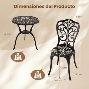 Conjunto de jardim de 3 peças em alumínio fundido: mesa e cadeiras com orifício para guarda-sol e encosto com design em forma de borboleta, para exter