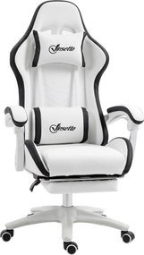 Vinsetto Cadeira gamer Couro PU Altura Ajustável Reclinável 135° Apoio Pés Retrátil Design Moderno 65x65x121-129 cm Branco Preto | Aosom Portugal