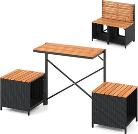 Banco Conversível para Exterior 2 em 1: Mesa de Piquenique e Sofá de 2 Lugares, Estrutura Metálica, Rattan de PE, Dobrável, para Pátios, Preto e casta