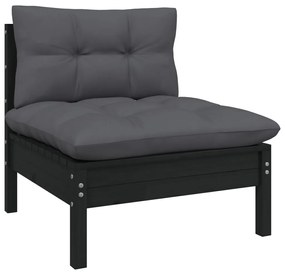 3 pcs conjunto lounge jardim c/ almofadões pinho maciço preto