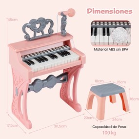 Piano de 25 teclas para crianças com atril e microfone Brinquedo educativo para aprendizagem precoce 3+ anos 45 x 17,5 x 32,5 cm Rosa