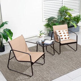 Conjunto de mesa e cadeiras de metal para área externa com tampo respirável e tampo de vidro Castanho